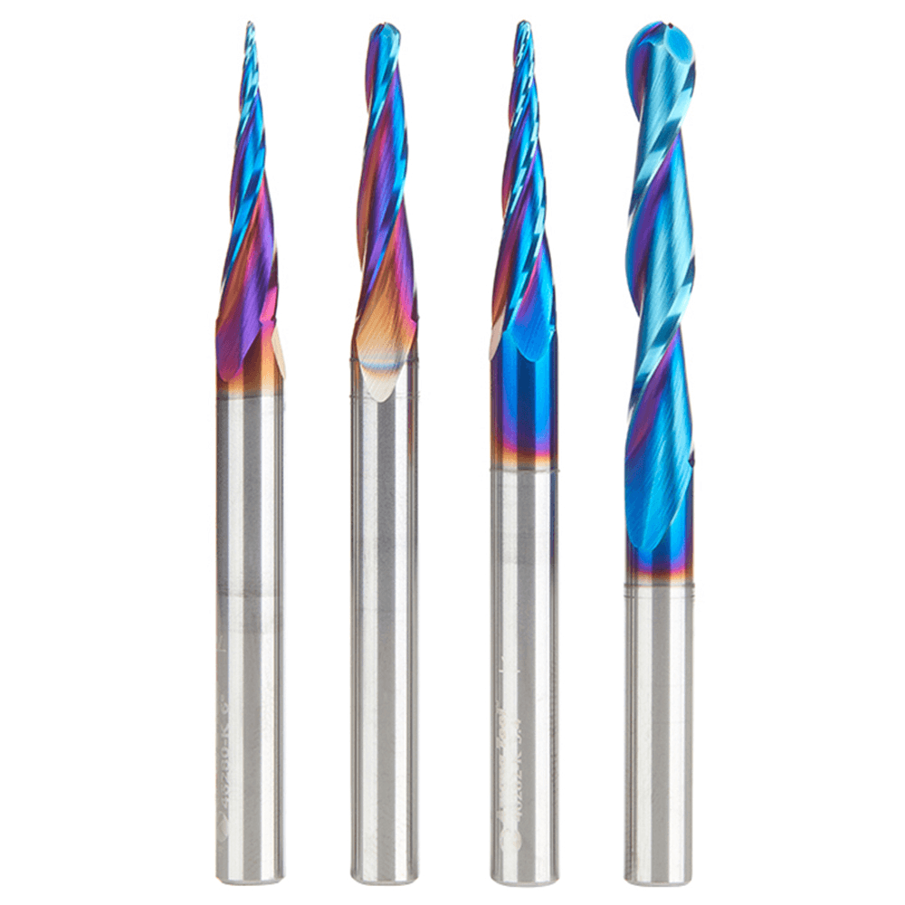 4-Piece 2D/3D Carving Ball Nose Spektra CNC Up-Cut Spiral Router Bit Set, 1/4" Shank - Main Image