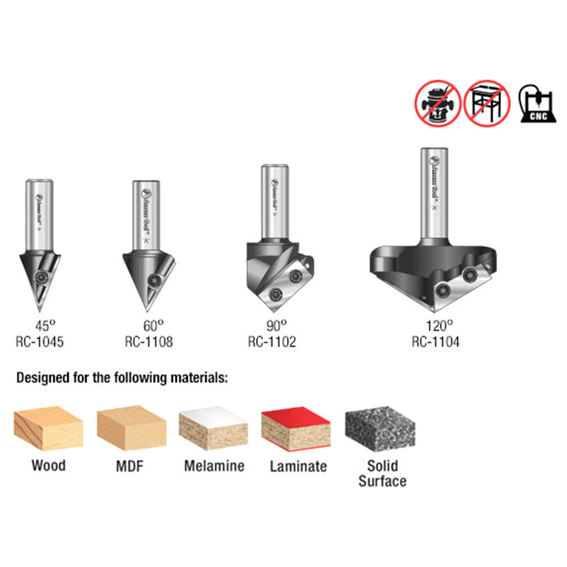 AMS-150 4-Piece 45°/60°/90°/120° 3D CNC Signmaking, Lettering/Engraving Insert V-Groove Router Bit, 1/2" Shank Alt 1 - Image