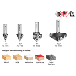 AMS-150 4-Piece 45°/60°/90°/120° 3D CNC Signmaking, Lettering/Engraving Insert V-Groove Router Bit, 1/2" Shank Alt 1 - Image