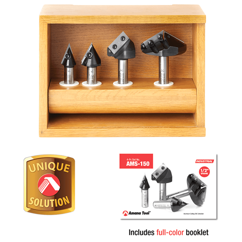 AMS-150 4-Piece 45°/60°/90°/120° 3D CNC Signmaking, Lettering/Engraving Insert V-Groove Router Bit, 1/2" Shank Alt 2 - Image