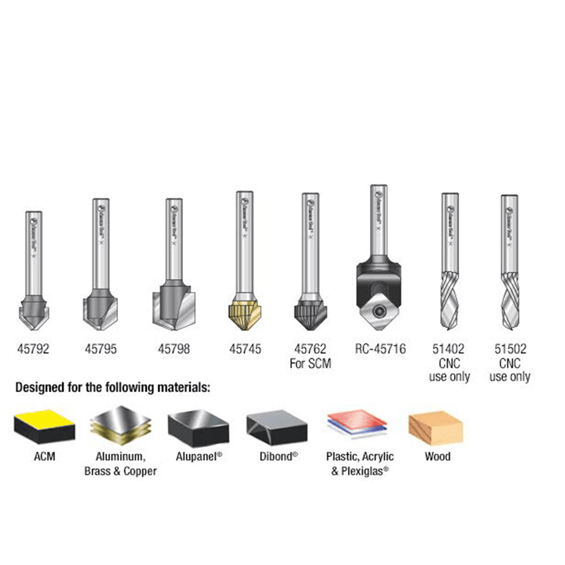 8-Piece V-Groove Router Bit Collection for Double Edge Folding ACM Panel, 1/4" Shank - Alt Image 2