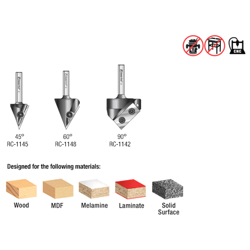 AMS-153 3-Piece 45°/60°/90° 3D CNC Signmaking, Lettering/Engraving Insert V-Groove Router Bit, 1/4" Shank Alt 1 - Image