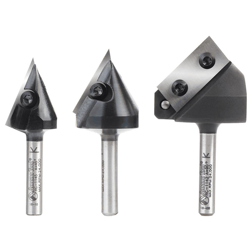 AMS-153 3-Piece 45°/60°/90° 3D CNC Signmaking, Lettering/Engraving Insert V-Groove Router Bit, 1/4" Shank Alt 2 - Image