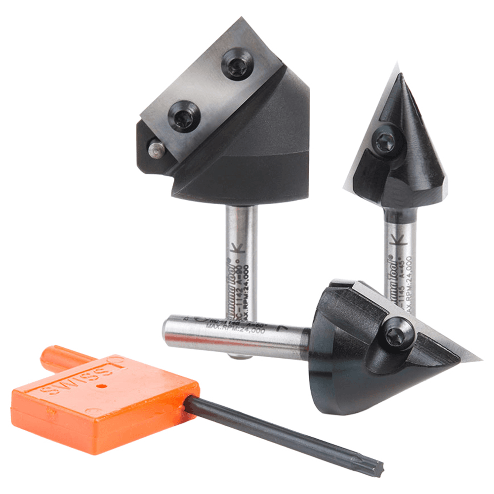 AMS-153 3-Piece 45°/60°/90° 3D CNC Signmaking, Lettering/Engraving Insert V-Groove Router Bit, 1/4" Shank Main - Image