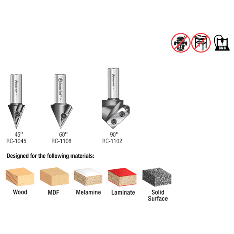 AMS-157 3-Piece CNC 2D/3D Signmaking, Lettering/Engraving Insert V-Groove Router Bit, 1/2" Shank Alt 1 - Image