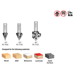 AMS-157 3-Piece CNC 2D/3D Signmaking, Lettering/Engraving Insert V-Groove Router Bit, 1/2" Shank Alt 1 - Image