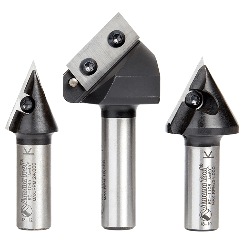 AMS-157 3-Piece CNC 2D/3D Signmaking, Lettering/Engraving Insert V-Groove Router Bit, 1/2" Shank Alt 2 - Image