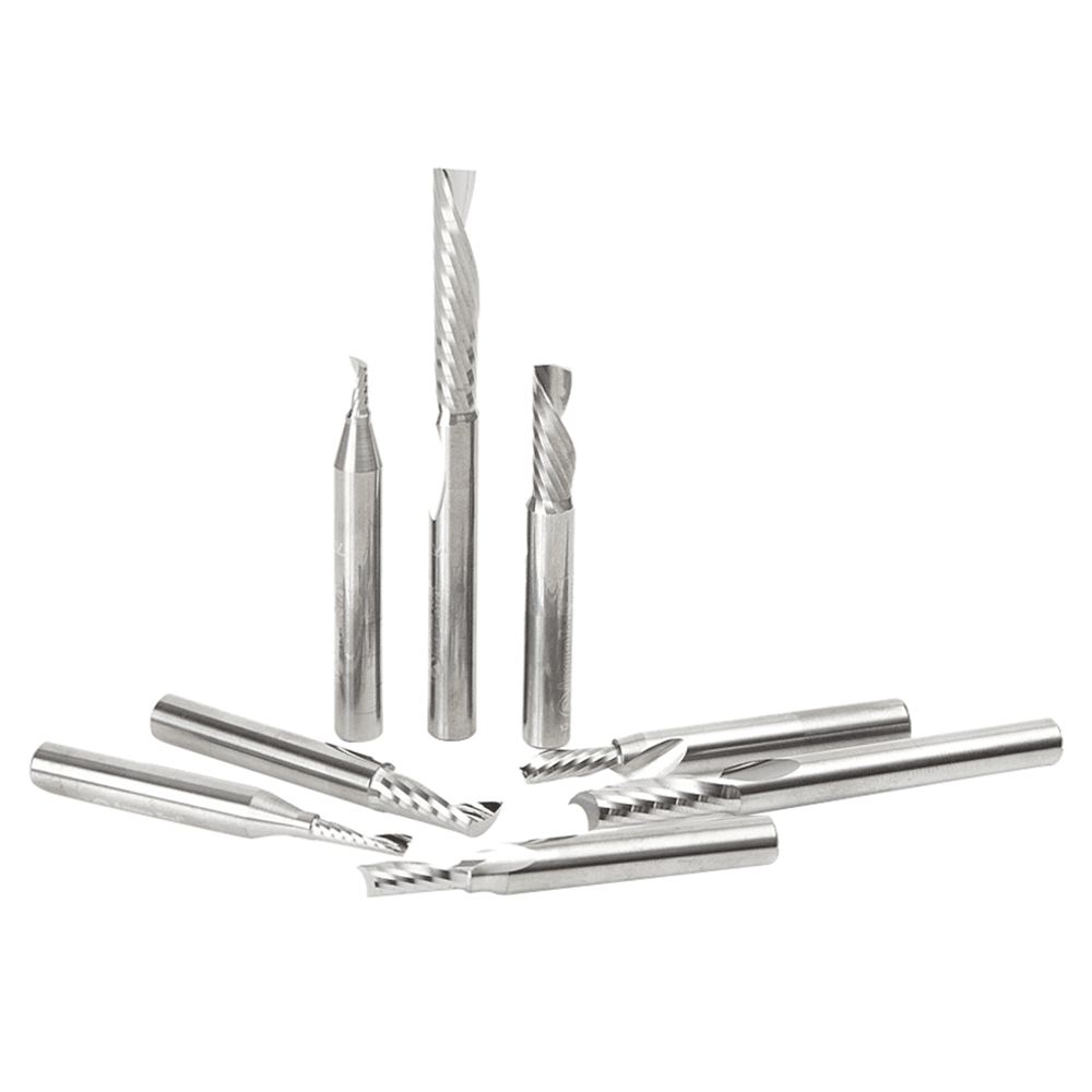 8-Piece CNC 'O' Flute Aluminum Cutting Spiral Router Bit Collection, 1/4" Shank - Main Image