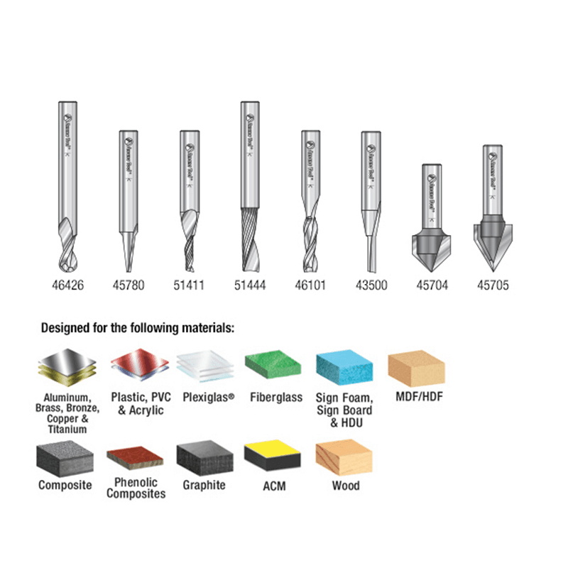 8 Piece CNC General Purpose Router Bit Collection, 1/4" Shank - Alt Image 2