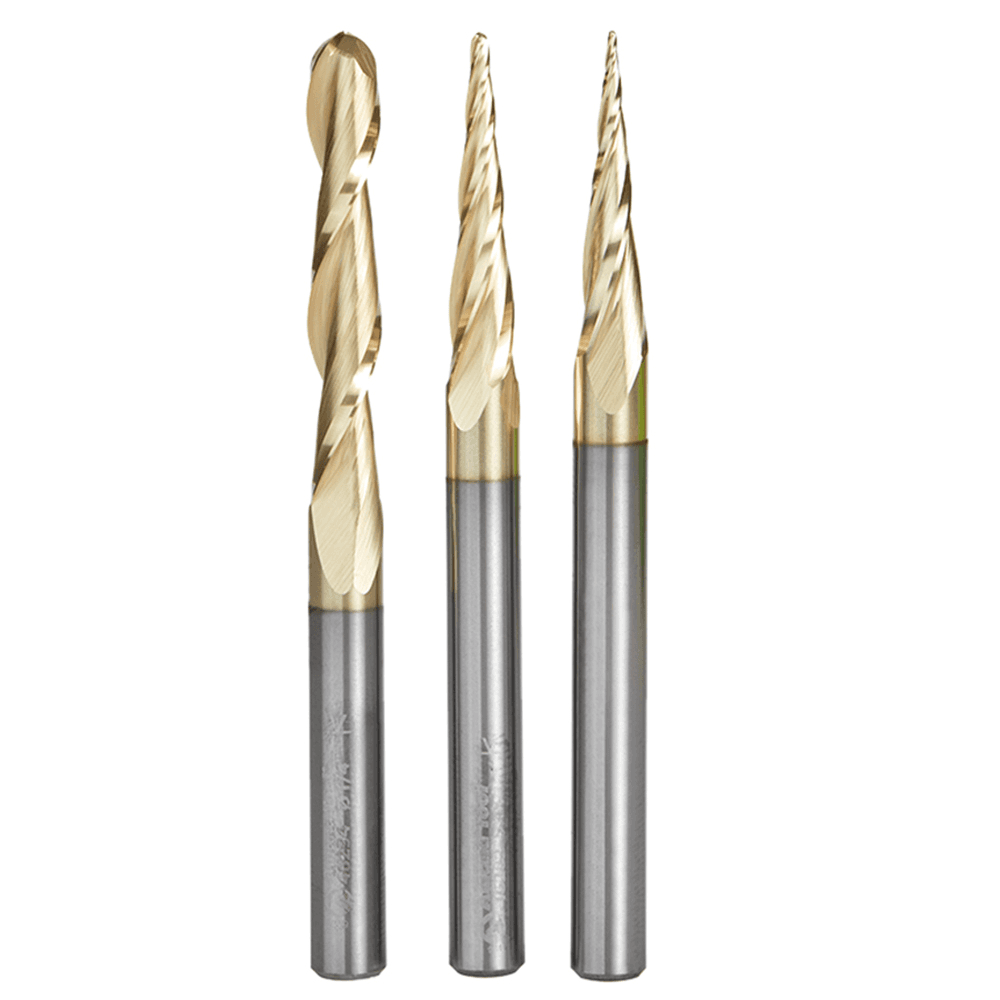 3-Piece CNC 2D/3D Carving Ball Nose Up-Cut Spiral Router Bit Pack, 1/4" Shank - Main Image