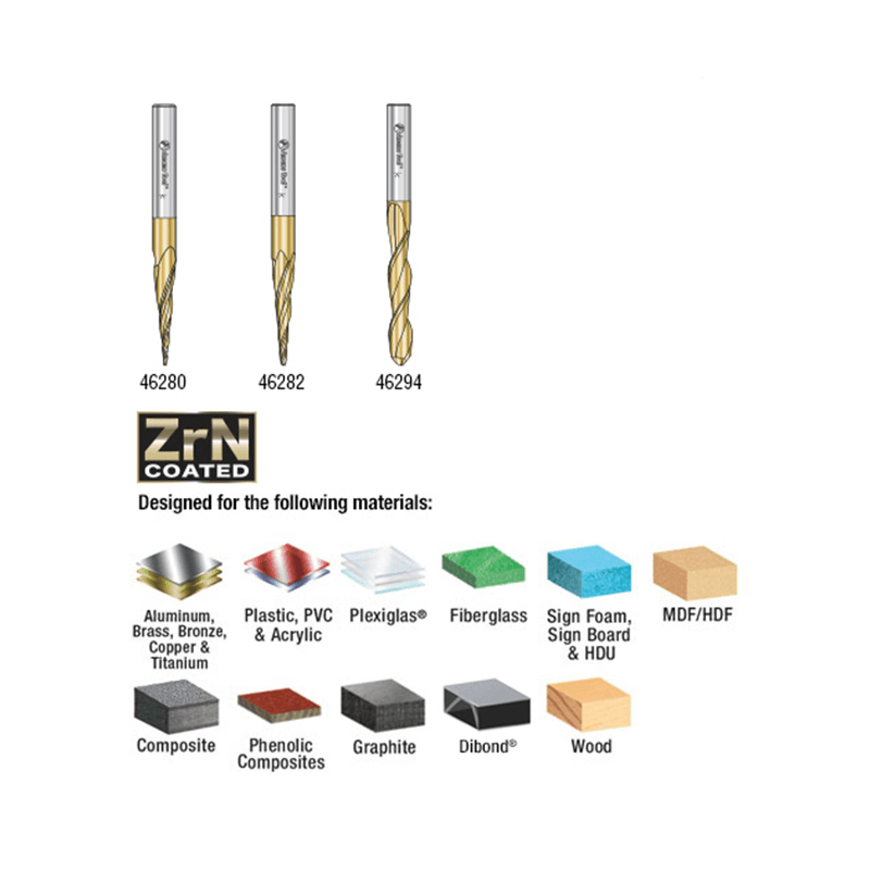3-Piece CNC 2D/3D Carving Ball Nose Up-Cut Spiral Router Bit Pack, 1/4" Shank - Alt Image 1