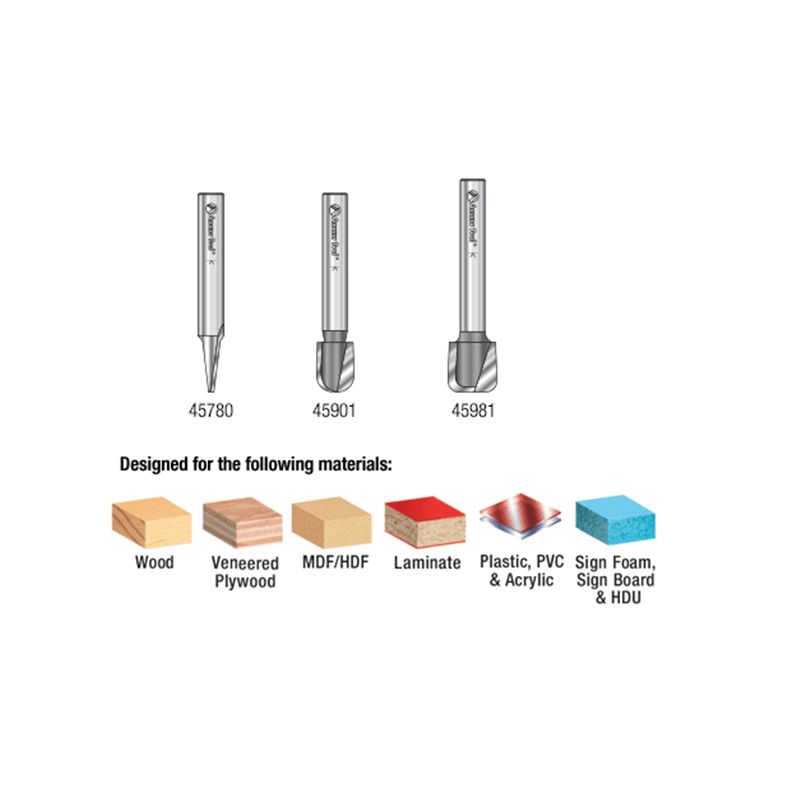 3-Piece CNC Signmaking/Lettering Router Bit Pack, 1/4" Shank - Alt Image 1