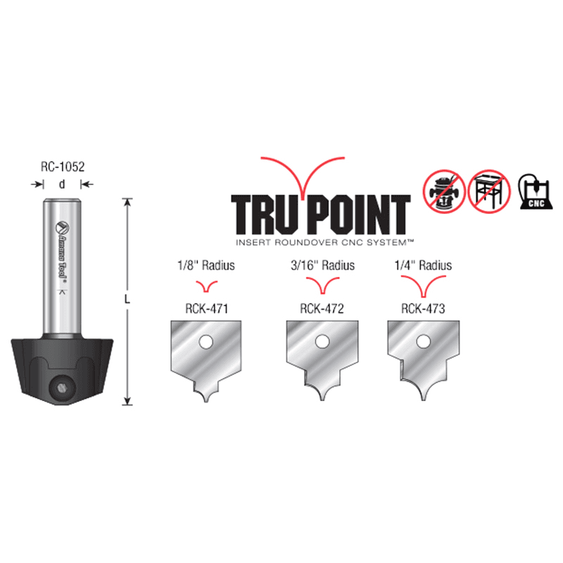 AMS-216 4-Piece Tru Point Roundover Insert CNC System Router Bit, Set, 1/2" Inch Shank Alt 1 - Image
