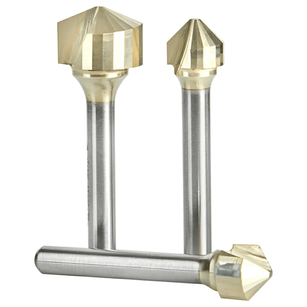 3-Piece ZrN Coated V-Groove Router Bit Pack for Panels TCM/CCM/ACM, 1/4" Shank - Main Image