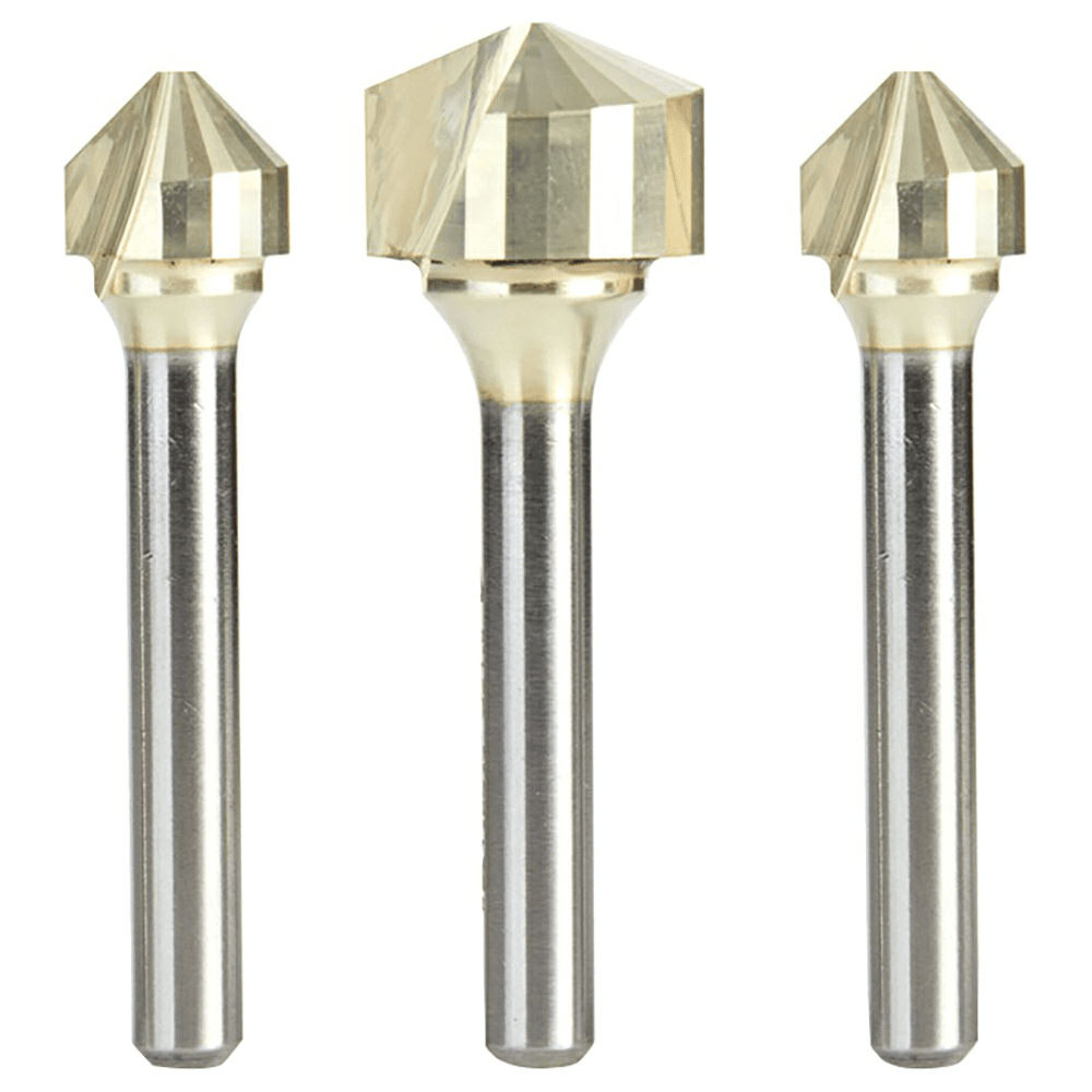 3-Piece ZrN Coated V-Groove Router Bit Pack for Panels TCM/CCM/ACM, 1/4" Shank - Alt Image 1