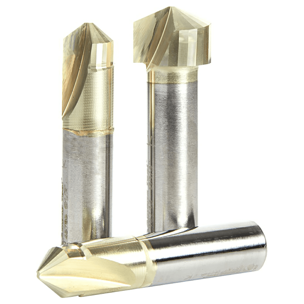 3-Piece ZrN Coated V-Groove Router Bit Pack for Panels TCM/CCM/ACM, 1/2" Shank - Main Image