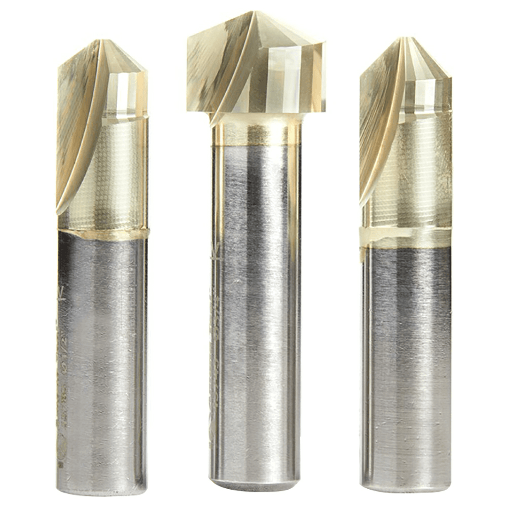 3-Piece ZrN Coated V-Groove Router Bit Pack for Panels TCM/CCM/ACM, 1/2" Shank - Alt Image 1