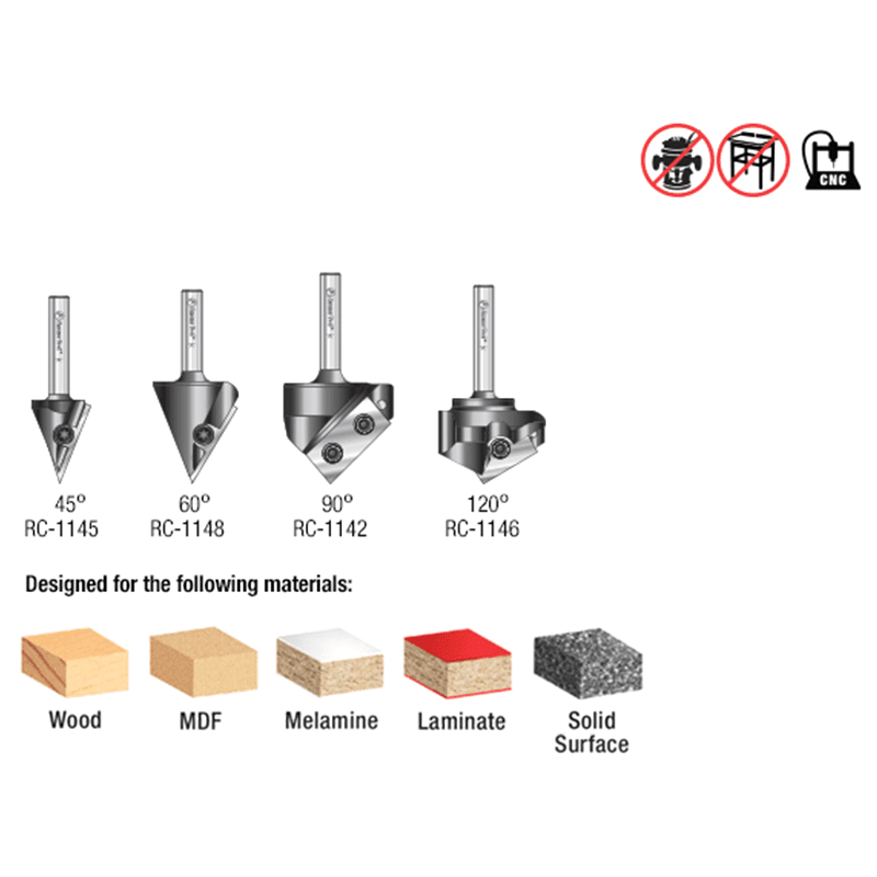 AMS-225 4-Piece 45°/60°/90°/120° 3D CNC Signmaking, Lettering/Engraving Insert V-Groove Router Bit, 1/4" Shank Alt 1 - Image
