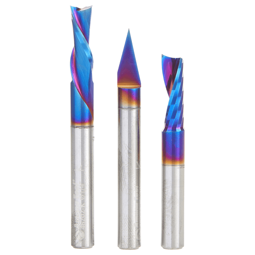 AMS-253-K 3-Piece CNC Spektra Extreme Tool Life Coated Signmaking Router Bit, Pack IV, 1/4" Shank Main - Image