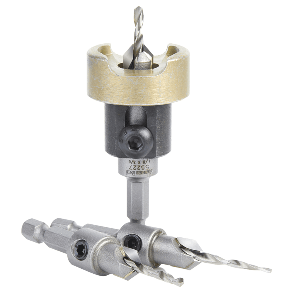 AMS-621 3-Piece Carbide Tipped Countersink with Adjustable Depth Stop/No-Thrust/No-Mar Ball Bearing Set with Quick Release Hex/Round Shank Alt 1 - Image