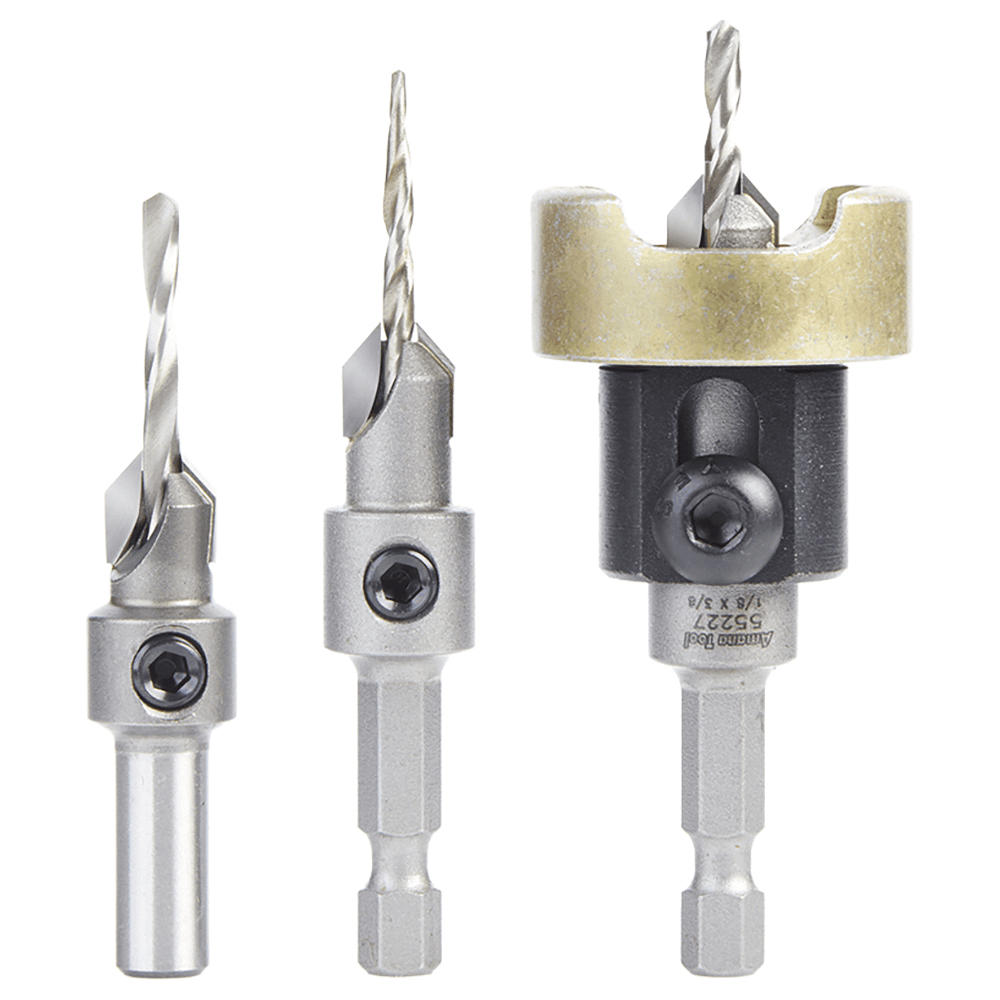 AMS-621 3-Piece Carbide Tipped Countersink with Adjustable Depth Stop/No-Thrust/No-Mar Ball Bearing Set with Quick Release Hex/Round Shank Main - Image