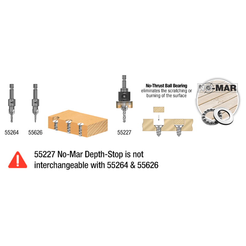 AMS-624 3-Piece Carbide Tipped Countersink with Adjustable Depth Stop/No-Thrust/No-Mar Ball Bearing Set with Quick Release Hex Shank Alt 1 - Image