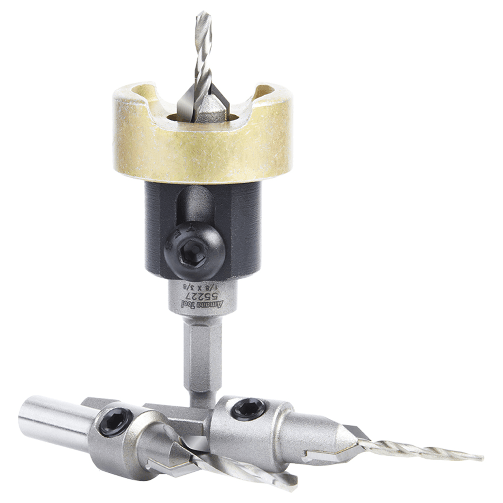 AMS-624 3-Piece Carbide Tipped Countersink with Adjustable Depth Stop/No-Thrust/No-Mar Ball Bearing Set with Quick Release Hex Shank Alt 2 - Image