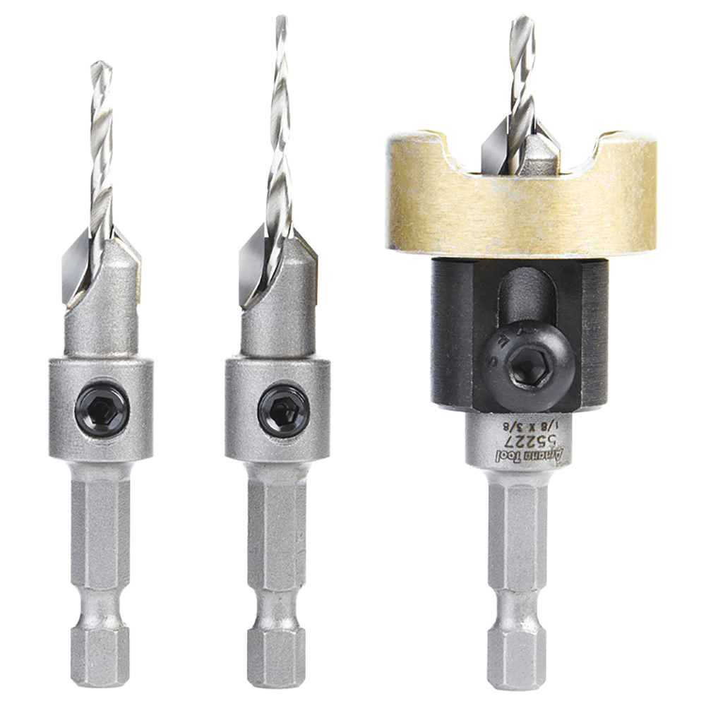AMS-624 3-Piece Carbide Tipped Countersink with Adjustable Depth Stop/No-Thrust/No-Mar Ball Bearing Set with Quick Release Hex Shank Main - Image
