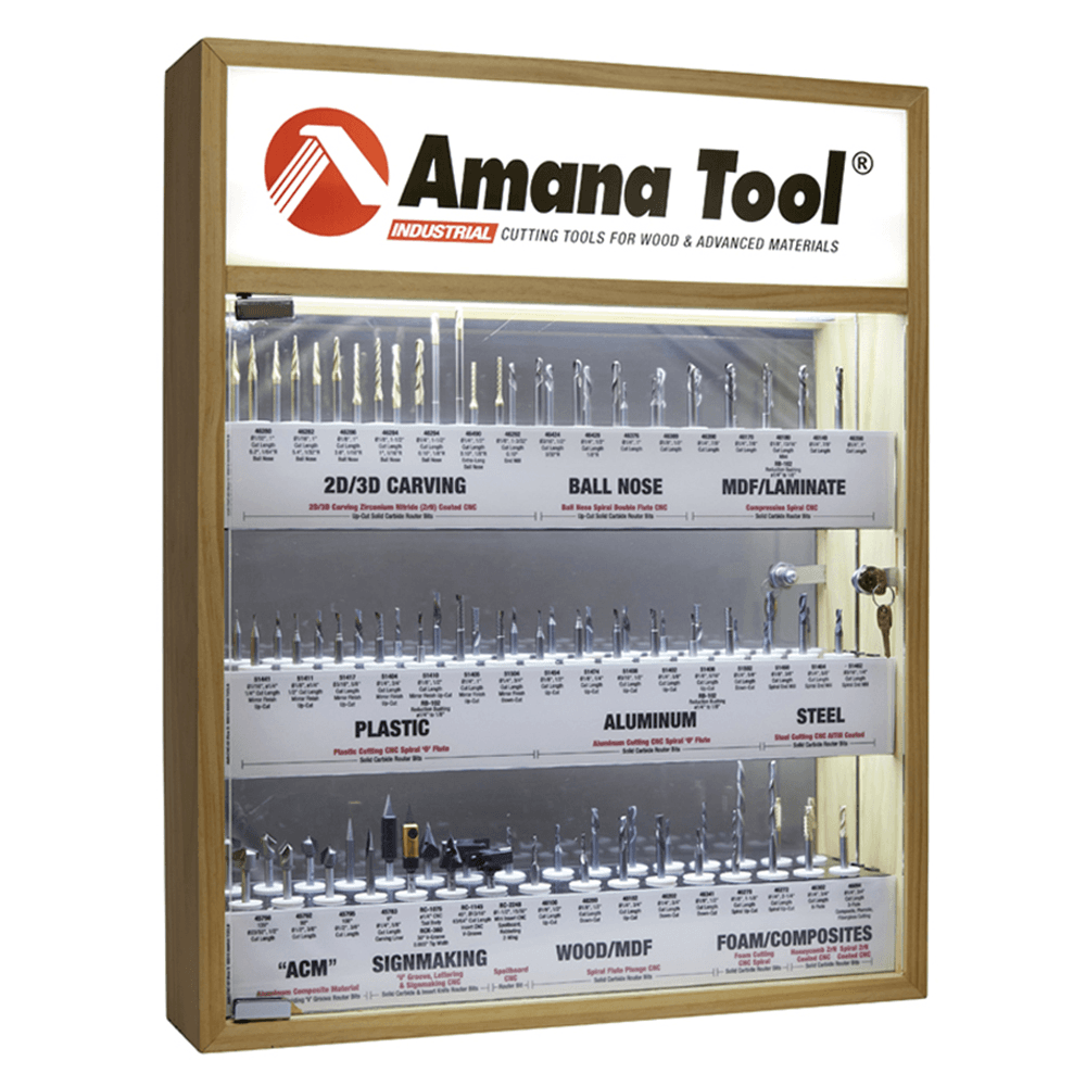 52-Piece Master CNC Router Bit Collection with LED Illuminated/Mirrored Interior/Solid Wood Display, 1/4" Shank - Main Image