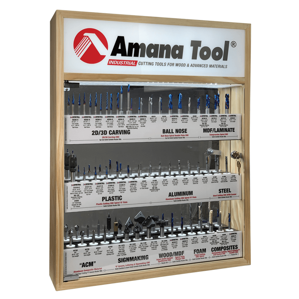 57-Piece Master CNC Router Bit Collection with LED Illuminated/Mirrored Interior/Solid Wood Display - Main Image