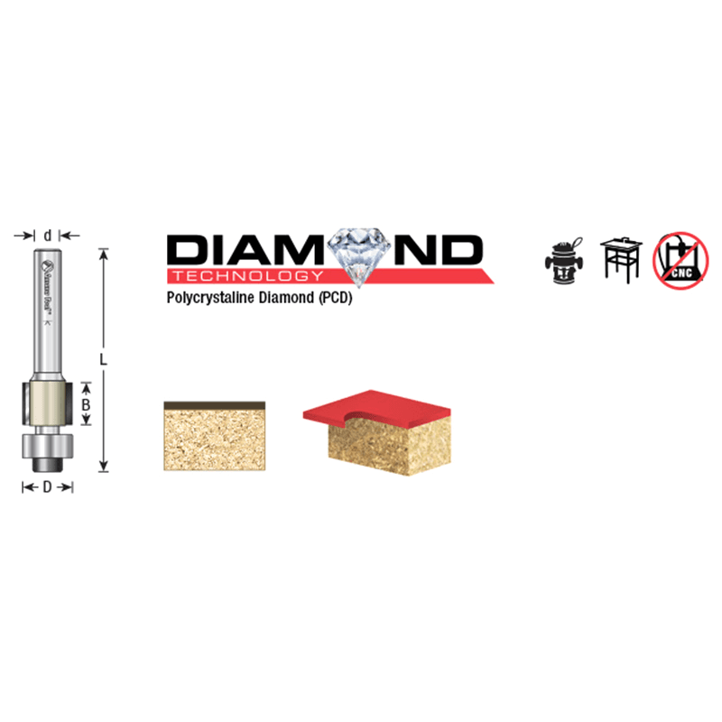 1/2" Dia x 1" Polycrystalline Diamond (PCD) Flush Trim for MDF/Laminate Composites ACM Materials/Aluminum, 1/4" Shank Alt 1 - Image