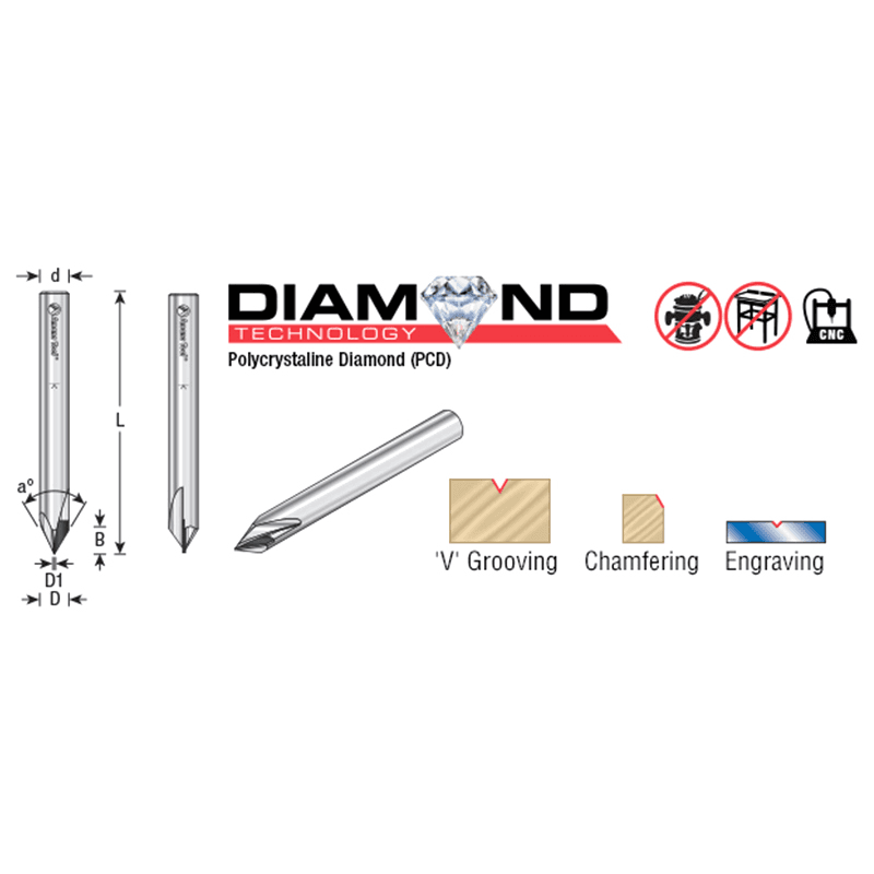 1/4" Dia x 1/8" CNC Polycrystalline Diamond 60° Engraving, V-Grooving and Chamfering Router Bit, 1/4" Shank Alt 1 - Image