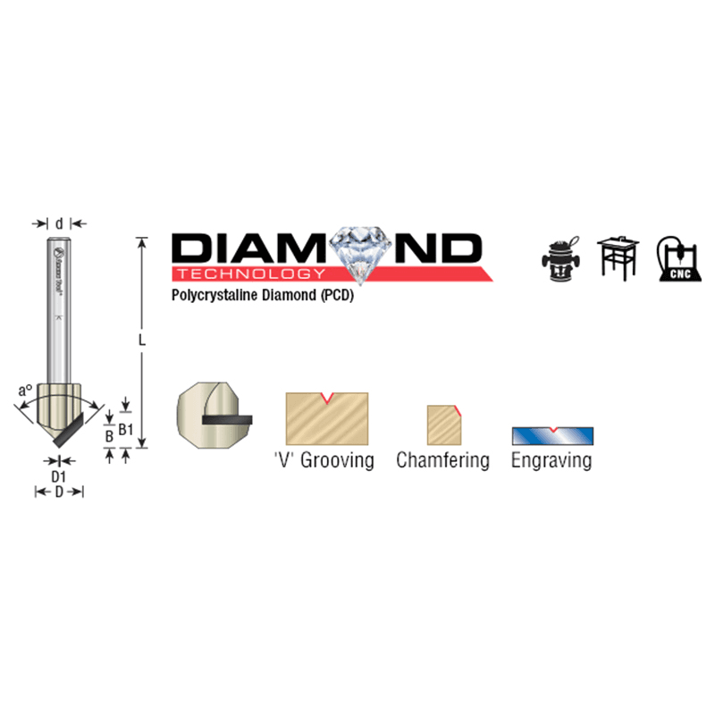1/2" Dia x 1/4" CNC Polycrystalline Diamond 90° Engraving, V-Grooving and Chamfering Router Bit, 1/4" Shank Alt 1 - Image