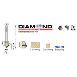 1/2" Dia x 1/4" CNC Polycrystalline Diamond 90° Engraving, V-Grooving and Chamfering Router Bit, 1/4" Shank Alt 1 - Image