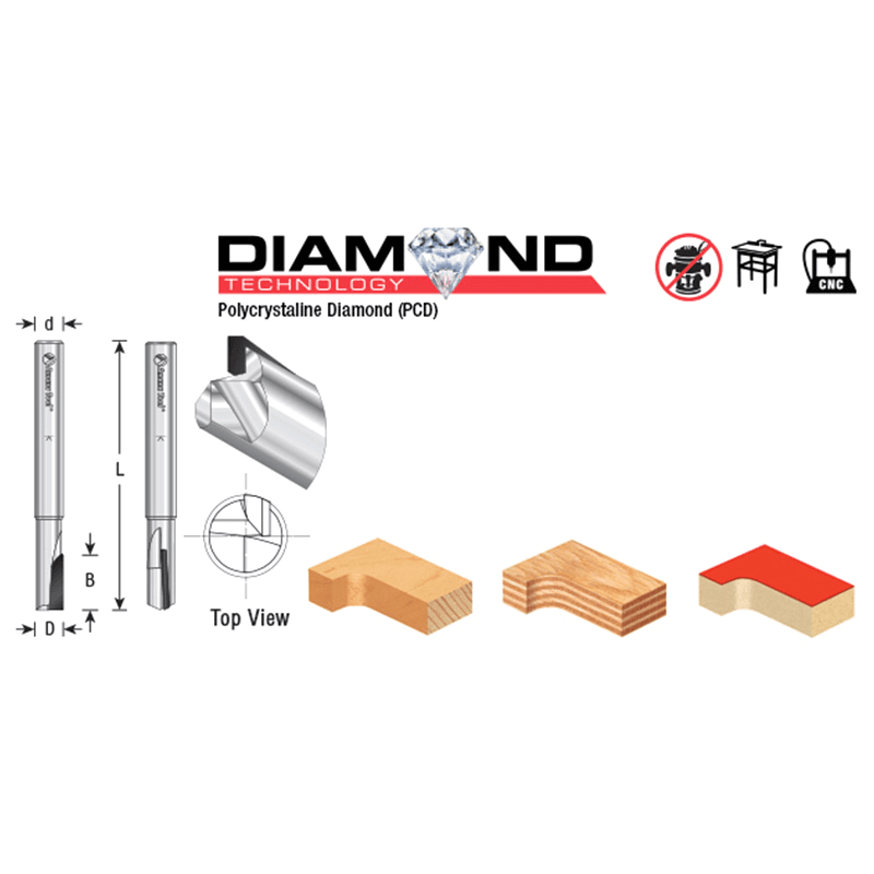 1/4" Dia x 1/2" Straight Plunge Down-Shear Polycrystalline Diamond Tipped Router Bit, Single Flute, 1/4" Shank Alt 1 - Image
