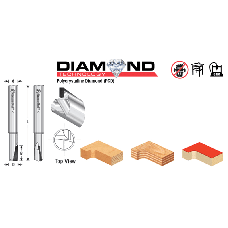 3/8" Dia x 5/8" Straight Plunge Down-Shear Polycrystalline Diamond Tipped Router Bit, Single Flute, 3/8" Shank Alt 1 - Image