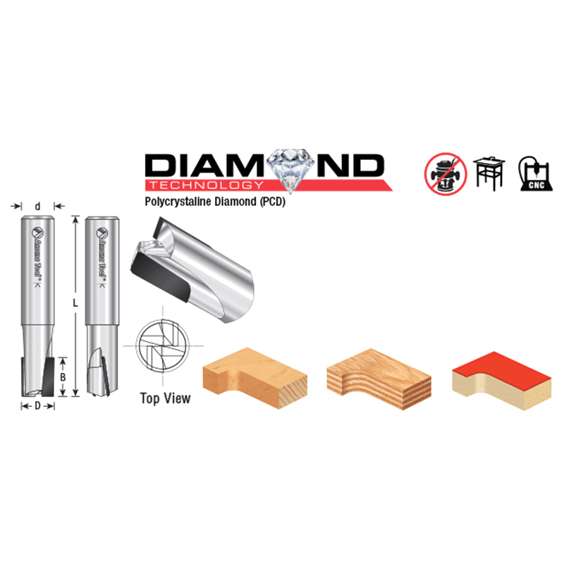1/2" Dia x 5/8" Straight Plunge Down-Shear Polycrystalline Diamond Tipped Router Bit, 2 Flute, 1/2" Shank Alt 1 - Image