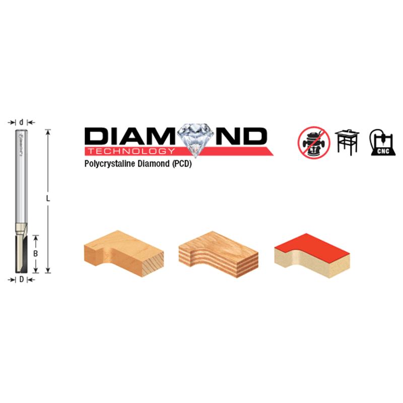 1/2" Dia x 3/4" Polycrystalline Diamond Tipped Straight Plunge Bit, Double Flute, 1/2" Shank Alt 1 - Image