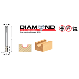3/8" Dia x 1/2" CNC Polycrystalline Diamond Ball Nose Bit3/16" Radius, 3/8" Shank, 3" Long, 2 Flute, Router Bit Alt 1 - Image