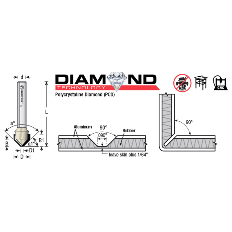 1/2" Dia x 13/64" Polycrystalline Diamond Tipped Double Edge Folding V-Groove 90°, 0.090" Tip Width, 1/4" Shank Alt 1 - Image