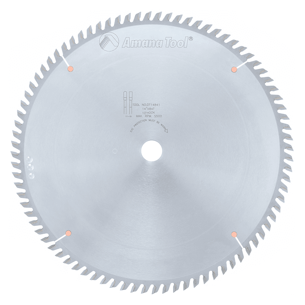 14" crosscutting saw blade with 84 teeth and DITEC carbide tips for sliding and regular table saws