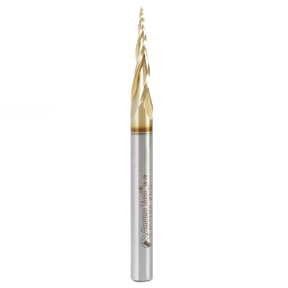 1/32" x 3" 2D/3D Carving Tapered Ball Tip ZrN Coated Up-Cut Spiral Router Bit, 3-Flute, 1/4" Shank - Main Image