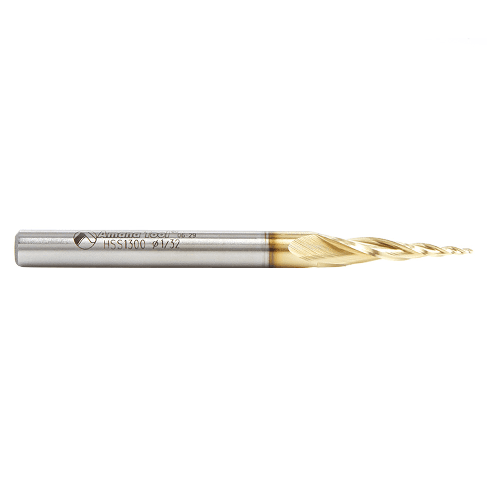 1/32" x 3" 2D/3D Carving Tapered Ball Tip ZrN Coated Up-Cut Spiral Router Bit, 3-Flute, 1/4" Shank - Alt Image 1