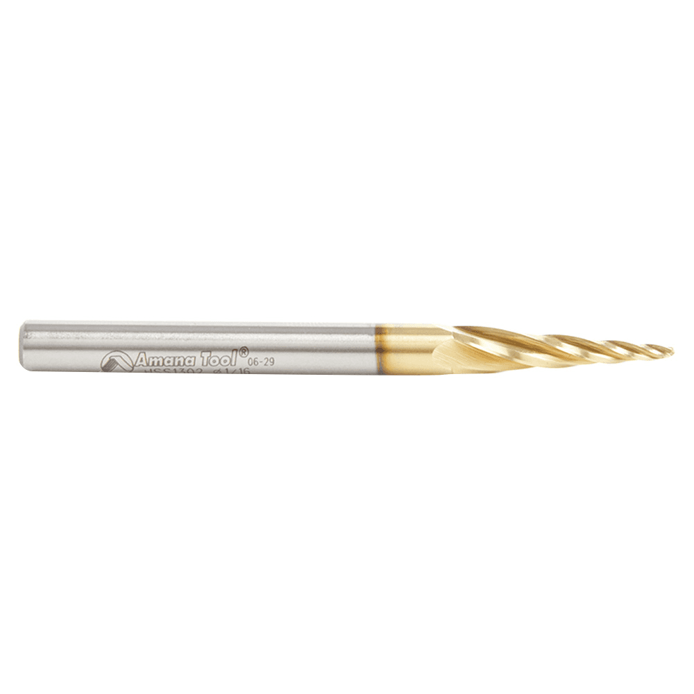 1/16" x 3" 2D/3D Carving Tapered Ball Tip ZrN Coated Up-Cut Spiral Router Bit, 4-Flute, 1/4" Shank - Alt Image 1