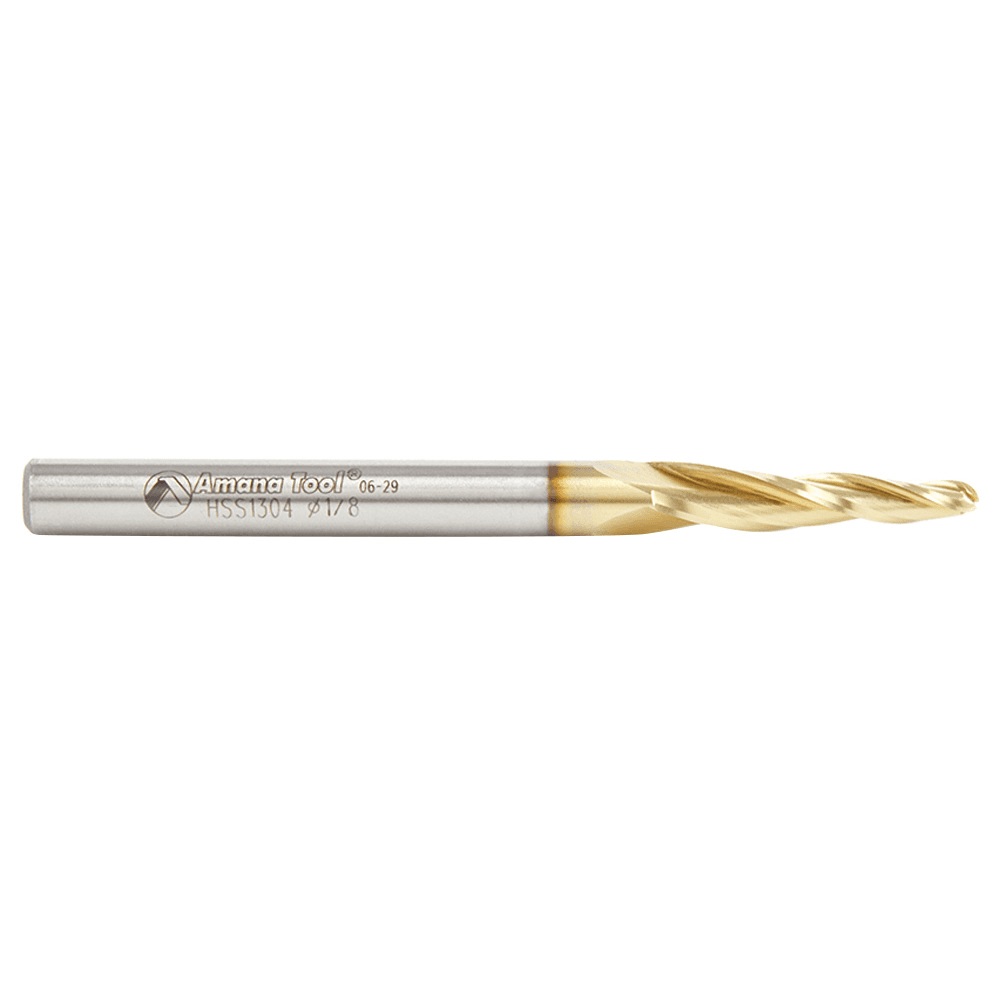 1/8" x 3" 2D/3D Carving Tapered Ball Tip ZrN Coated Up-Cut Spiral Router Bit, 3-Flute, 1/4" Shank, 1" Cutting Height - Alt Image 1
