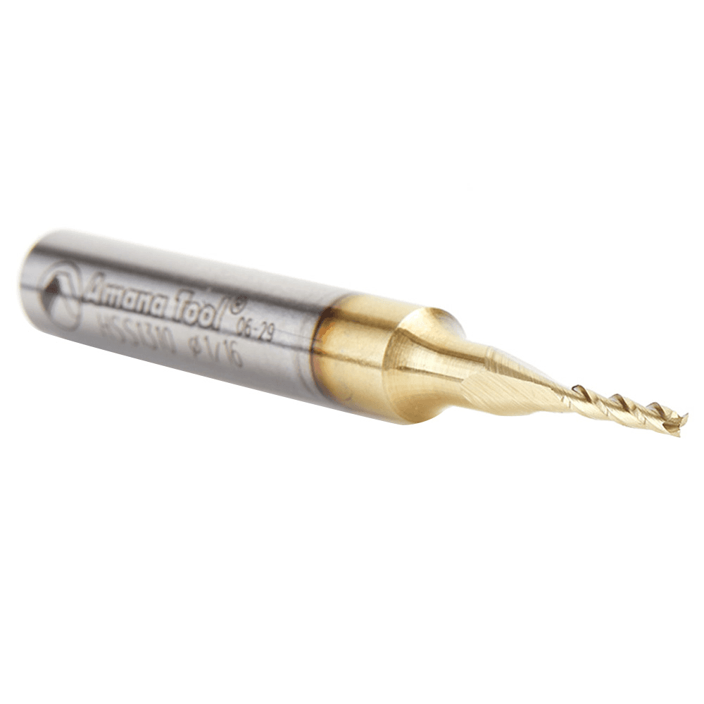 1/16" x 2" 2D/3D Carving Flat Bottom ZrN Coated CNC Router Bit, 3-Flute, 1/4" Shank - Alt Image 2