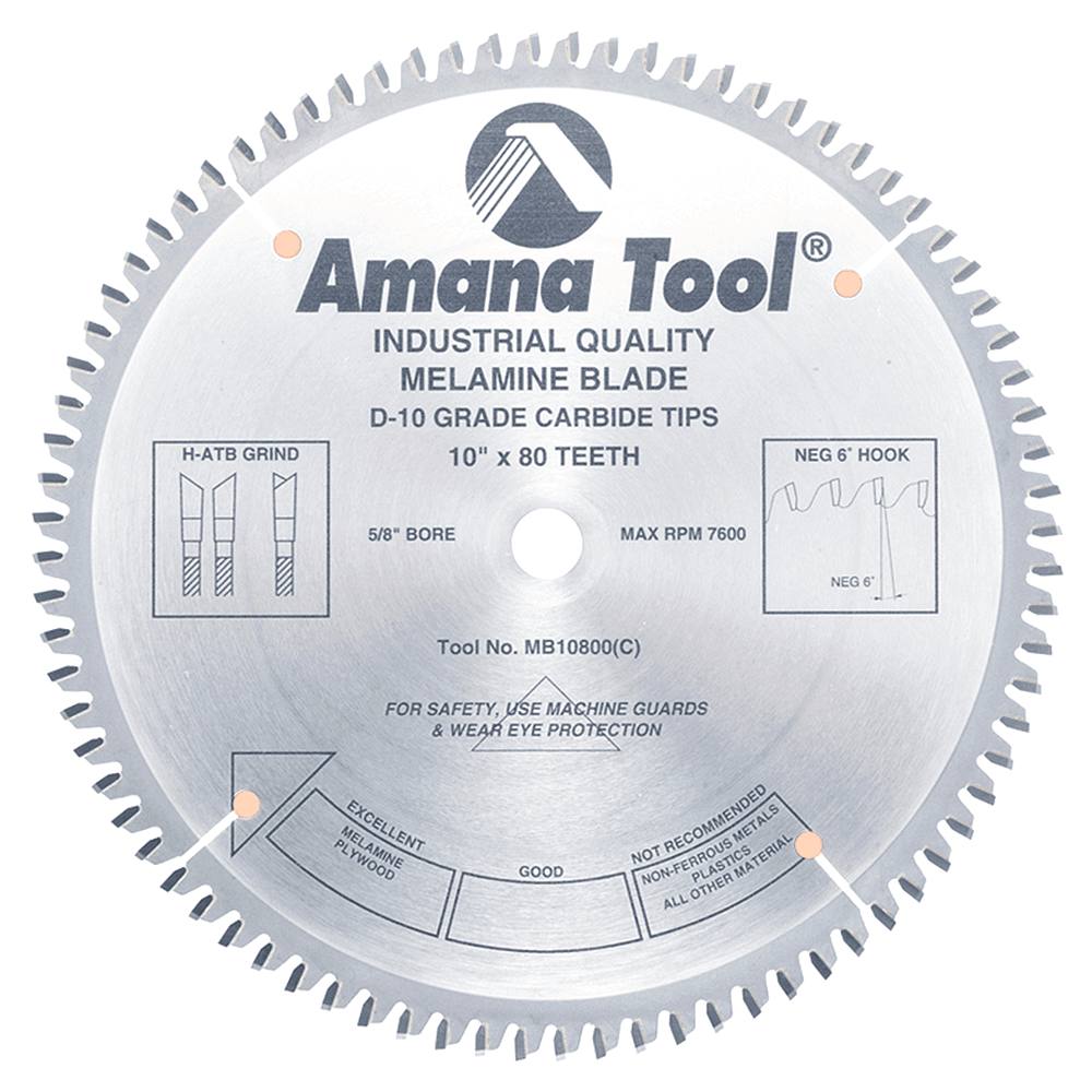 Amana 10" x 80 Teeth Double-Side Melamine Saw Blade with High-ATB Grind for Chip-Free Cuts Image 1