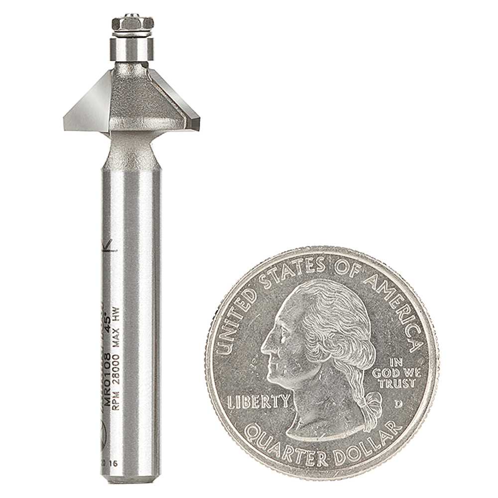 9/16" x 1-7/8" Miniature Chamfer Router Bit with Lower Ball Bearing, 2-Flute, 1/4" Shank - Main Image