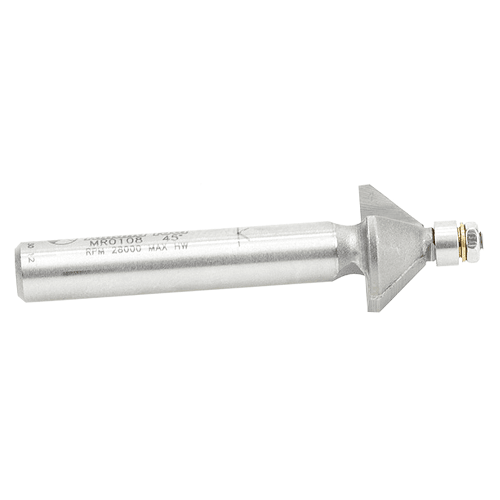 9/16" x 1-7/8" Miniature Chamfer Router Bit with Lower Ball Bearing, 2-Flute, 1/4" Shank - Alt Image 1