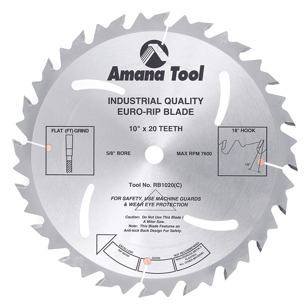 Amana 10" x 20 Teeth Euro-Rip Saw Blade - Fast and Smooth Cutting
